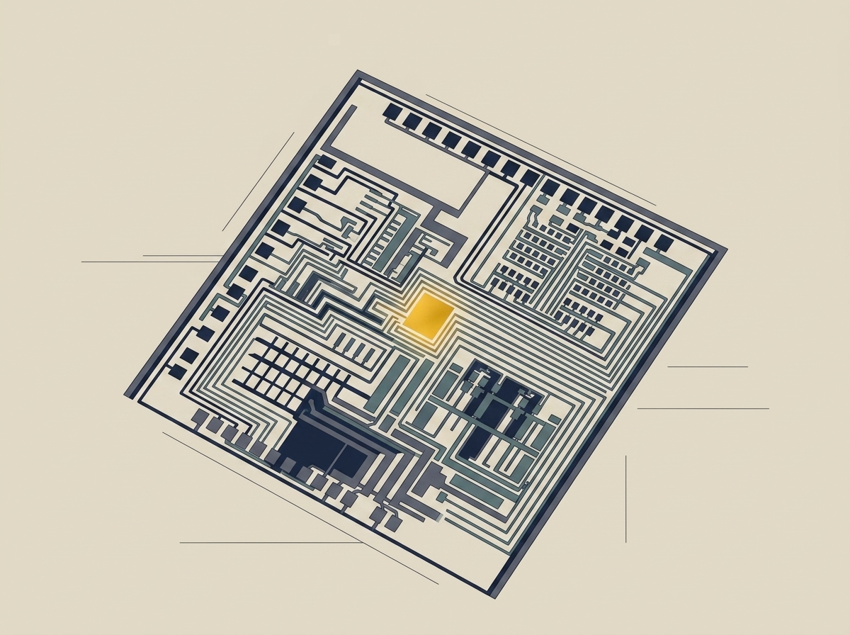 半導体チップの回路パターンを題材にした装飾イラスト、中央の一点だけが発光している（記事の判断材料ではなく雰囲気画像）